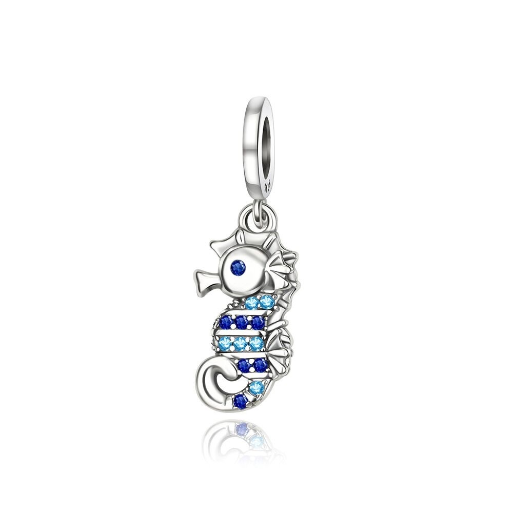 Sterling Silver Seahorse Charm with Blue Crystal Accents